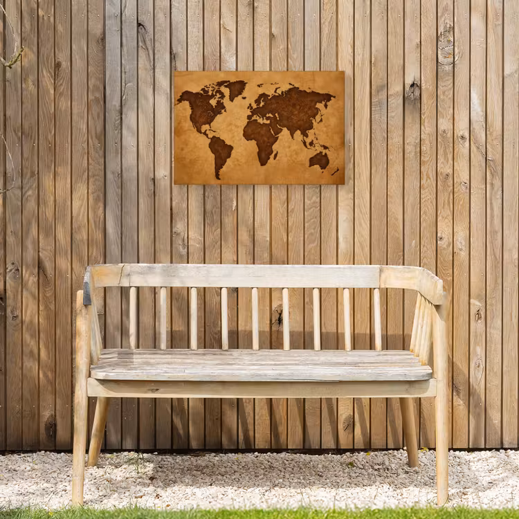 Wereldkaart - Uitgesneden perkament Tuinposter op houten frame 2 cm dik klein -sfeer4