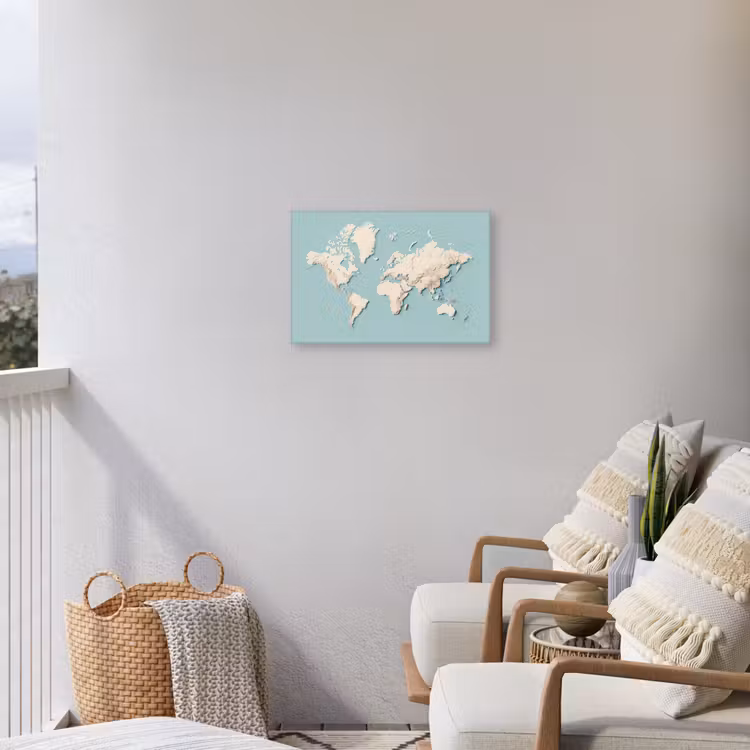 Wereldkaart - Beige - Blauw Tuinposter op houten frame 2 cm dik klein -sfeer1