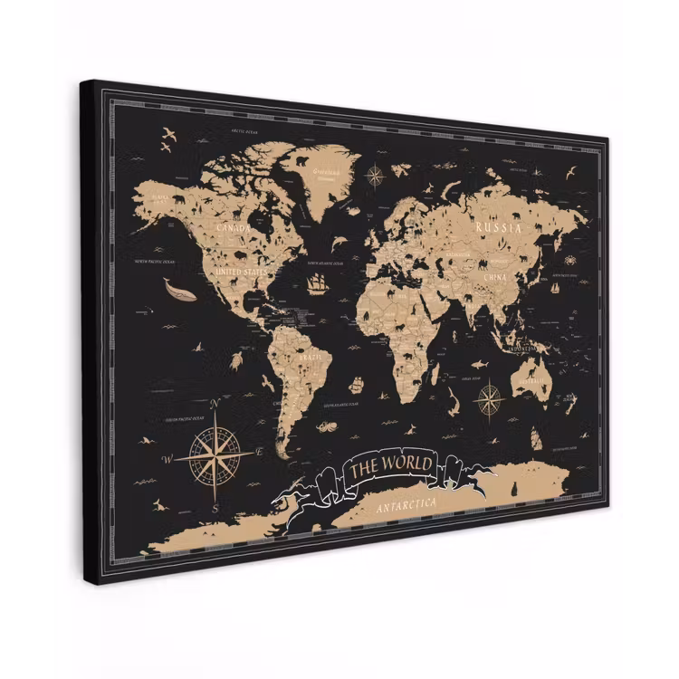 Wereldkaart - Beige - Zwart Tuinposter op houten frame 2 cm dik klein -3d