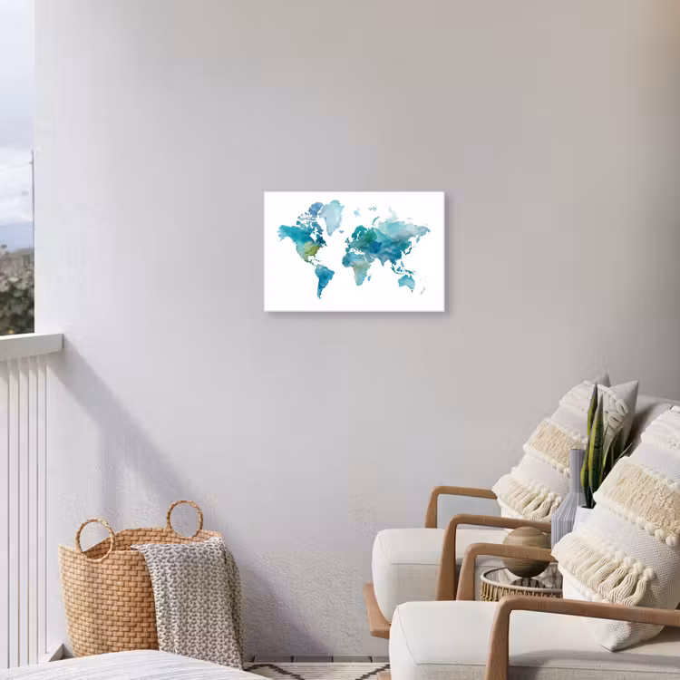 Wereldkaart - Blauw - Geschilderd - Transparant Tuinposter op houten frame 2 cm dik klein -sfeer1