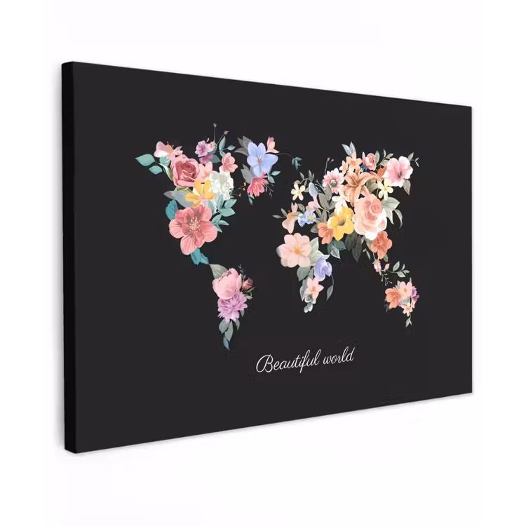 Wereldkaart - Bloemen - Pastelkleuren Tuinposter op houten frame 2 cm dik klein -3d