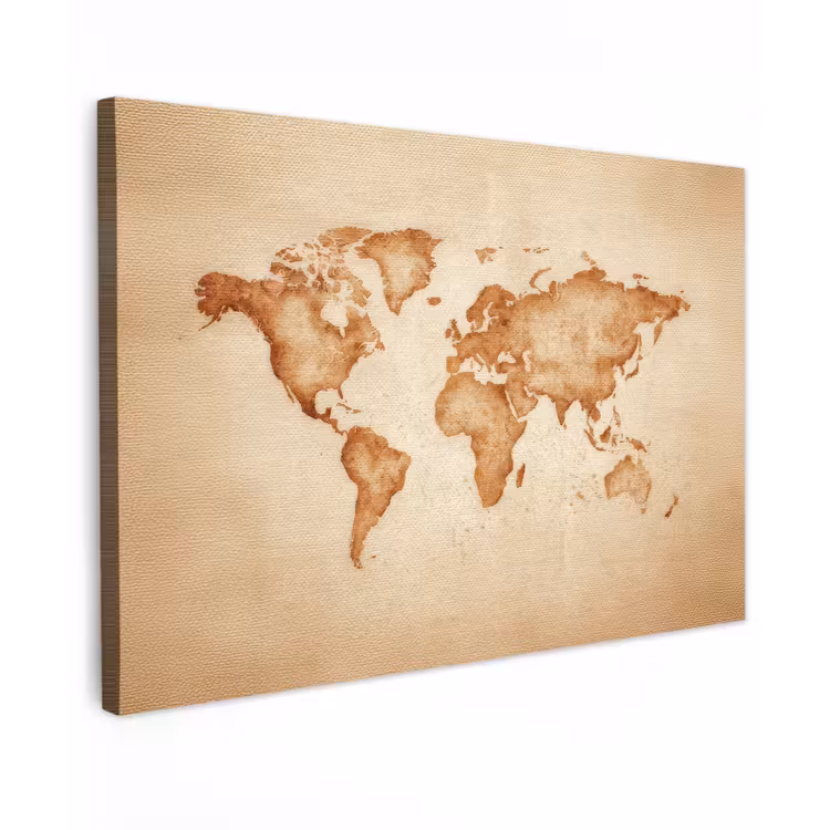 Wereldkaart - Bruin - Klassiek Tuinposter op houten frame 2 cm dik klein -3d