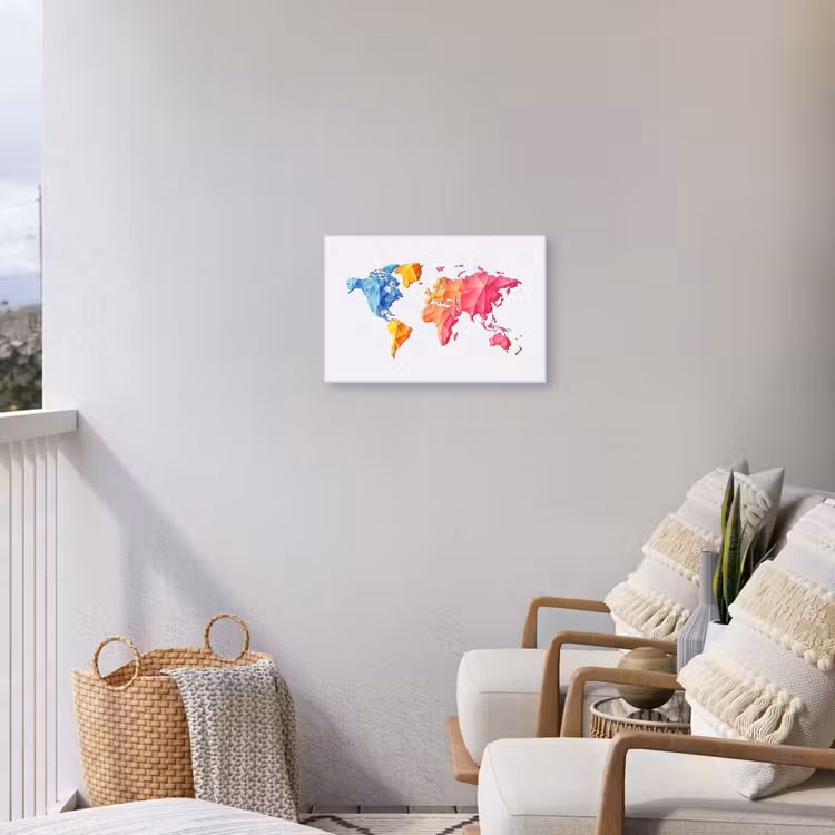 Wereldkaart - Kleurrijk - Geometrisch Tuinposter op houten frame 2 cm dik klein -sfeer1