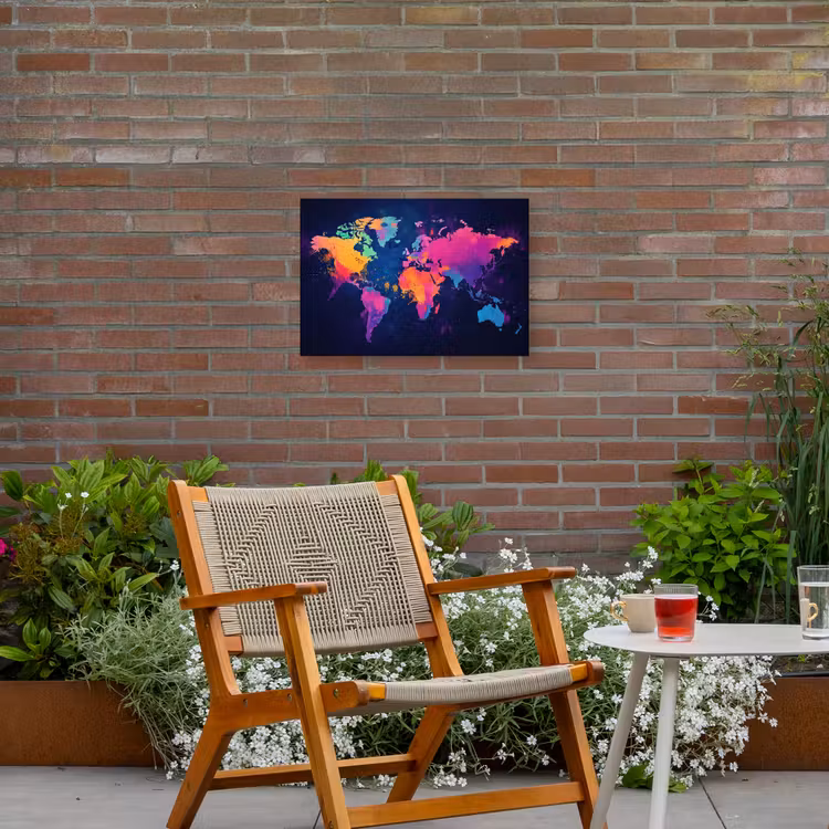 Wereldkaart - Kleurrijk - Graffiti Tuinposter op houten frame 2 cm dik klein -sfeer3