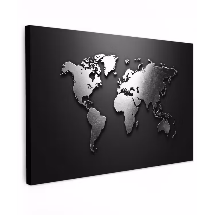 Wereldkaart - Chrome - Zilver - Zwart Tuinposter op houten frame 2 cm dik klein -3d