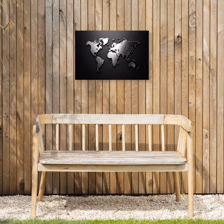 Wereldkaart - Chrome - Zilver - Zwart Tuinposter op houten frame 2 cm dik klein -sfeer4