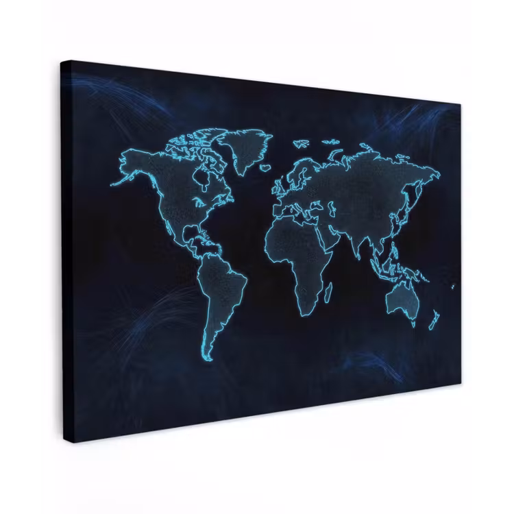 Wereldkaart - Digitaal - Neon - Blauw Tuinposter op houten frame 2 cm dik klein -3d