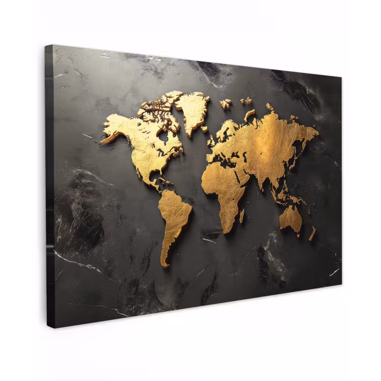 Wereldkaart - Driedimensionaal - Realistisch - Zwart Tuinposter op houten frame 2 cm dik klein -3d