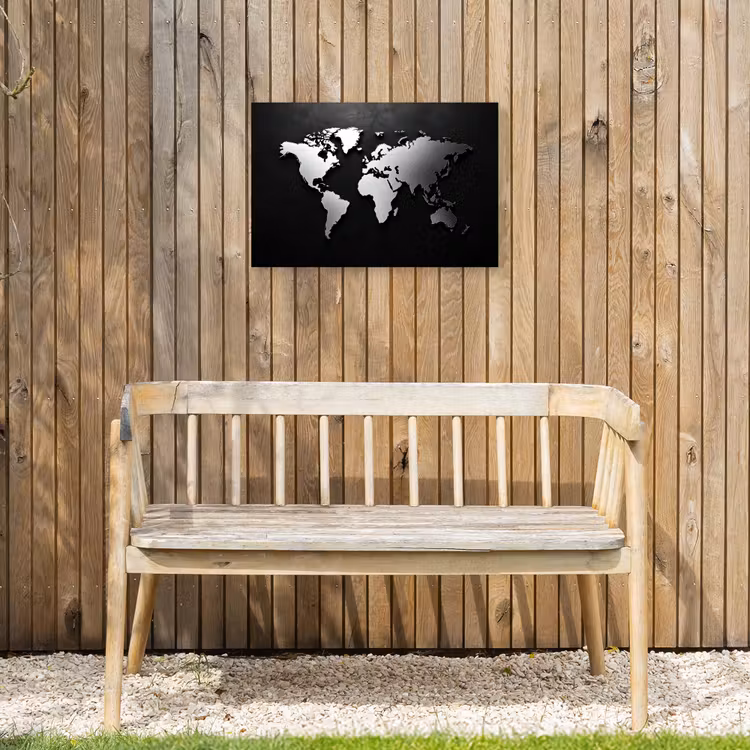 Wereldkaart - Donker - Zilver - Zwart Tuinposter op houten frame 2 cm dik klein -sfeer4