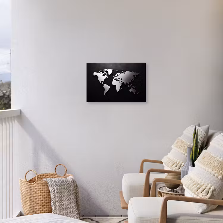 Wereldkaart - Donker - Zilver - Zwart Tuinposter op houten frame 2 cm dik klein -sfeer1