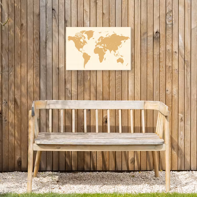 Wereldkaart - Strakke vlakstijl - Rasterachtergrond Tuinposter op houten frame 2 cm dik klein -sfeer4