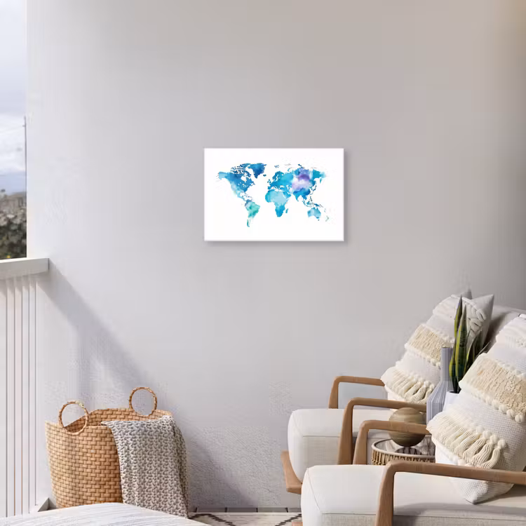 Wereldkaart - Verf - Blauw - Paars Tuinposter op houten frame 2 cm dik klein -sfeer1