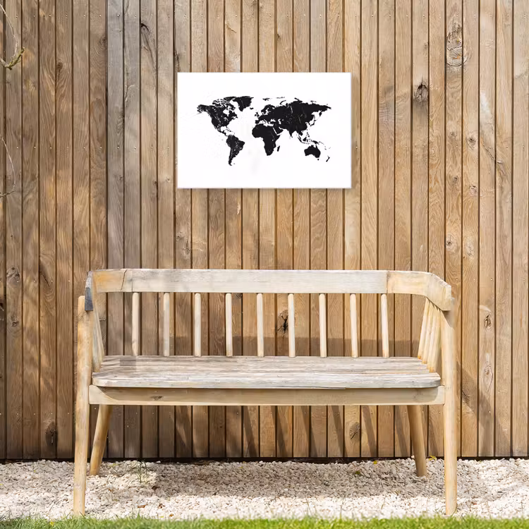 Wereldkaart - Verf - Zwart - Wit Tuinposter op houten frame 2 cm dik klein -sfeer4