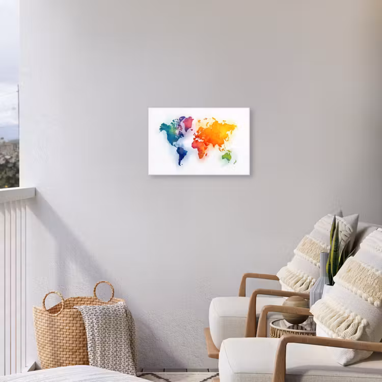 Wereldkaart - Kleurrijk - Waterverf Tuinposter op houten frame 2 cm dik klein -sfeer1