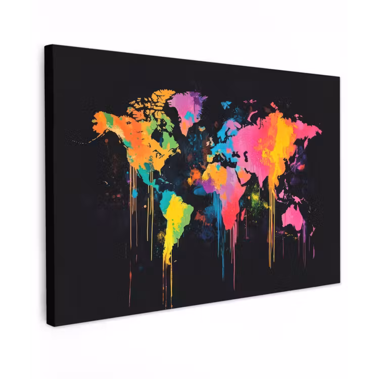 Wereldkaart - Verfspatten - Gekleurd - Druppels Tuinposter op houten frame 2 cm dik klein -3d