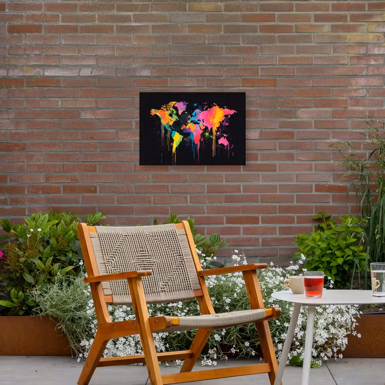 Wereldkaart - Verfspatten - Gekleurd - Druppels Tuinposter op houten frame 2 cm dik klein -sfeer3