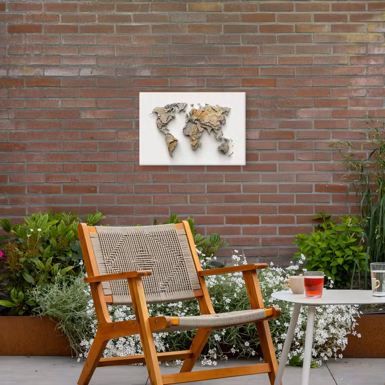 Wereldkaart - Rots structuur - Reliëf Tuinposter op houten frame 2 cm dik klein -sfeer3