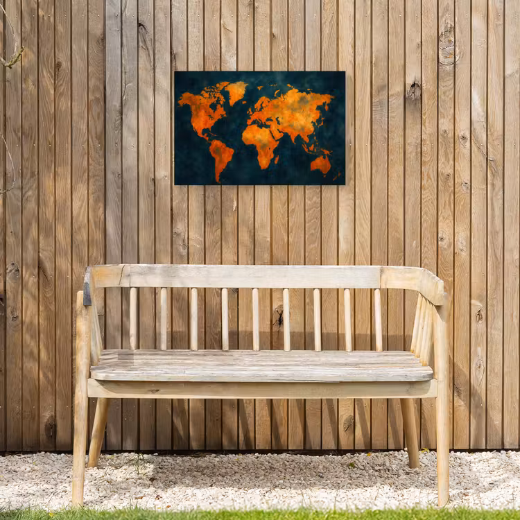 Wereldkaart - Vurige kleuren - Expressieve stijl Tuinposter op houten frame 2 cm dik klein -sfeer4
