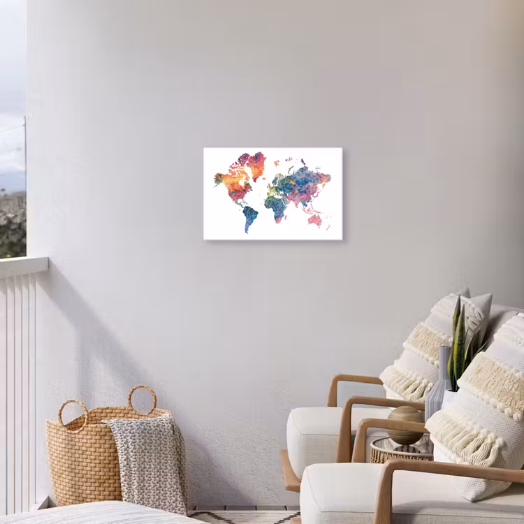 Wereldkaart - Figuren - Kleurrijk Tuinposter op houten frame 2 cm dik klein -sfeer1