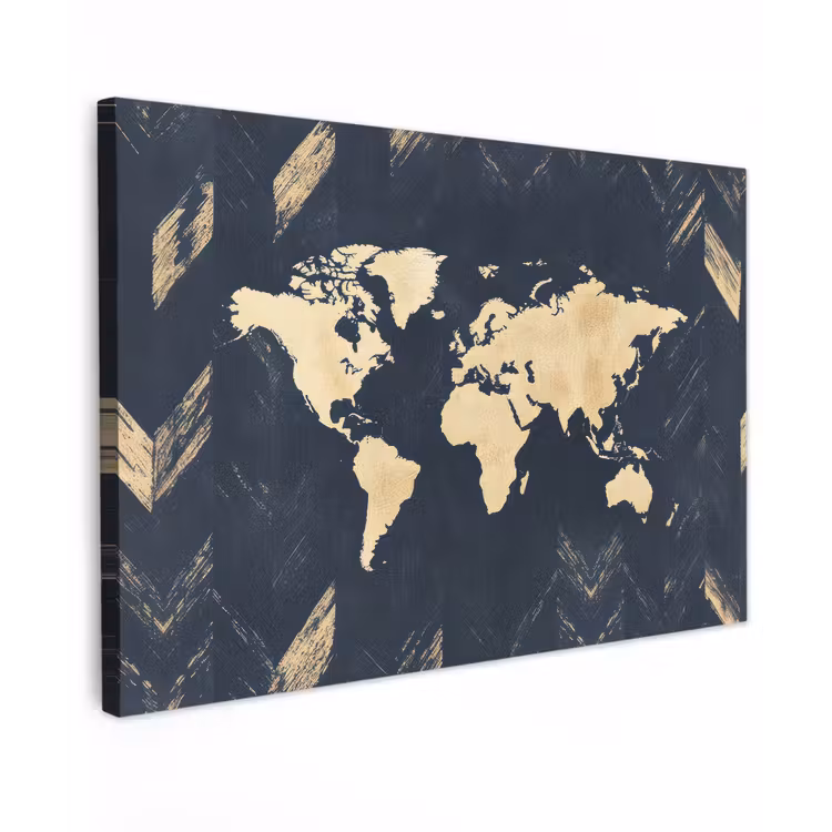 Wereldkaart - Visgraatpatroon - Vintage - Blauw Tuinposter op houten frame 2 cm dik klein -3d