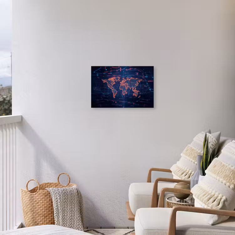 Wereldkaart - Futuristisch - Oranje Tuinposter op houten frame 2 cm dik klein -sfeer1