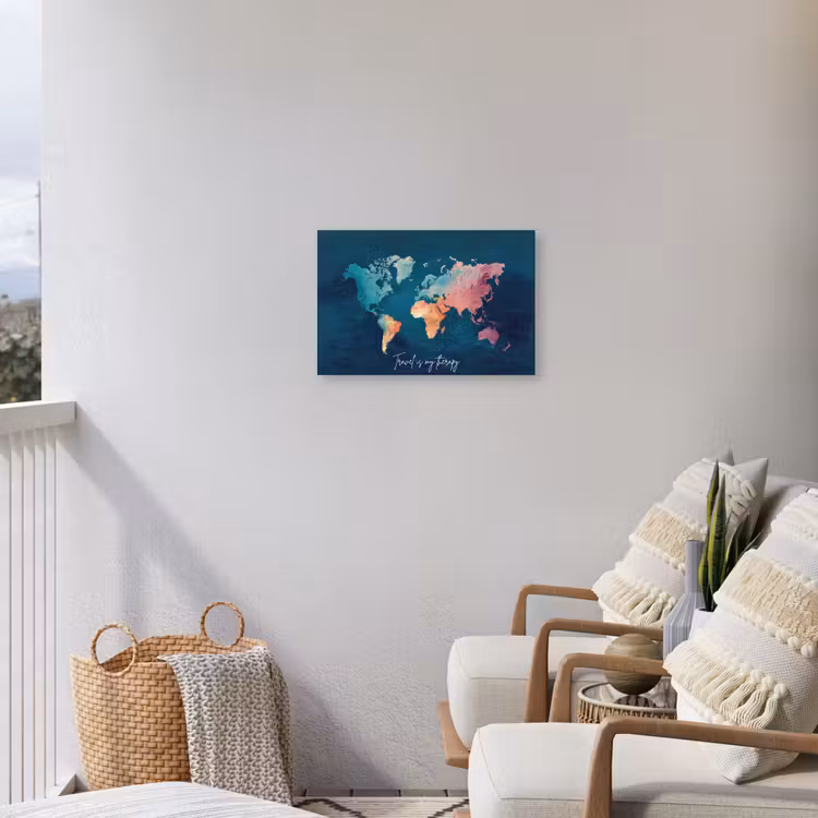 Wereldkaart - Geschilderd - Blauw - Travel Tuinposter op houten frame 2 cm dik klein -sfeer1