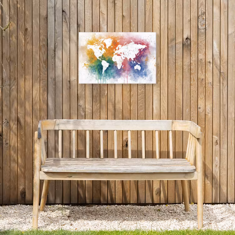 Wereldkaart - Omlijst - Verfspatten - Regenboogkleuren Tuinposter op houten frame 2 cm dik klein -sfeer4
