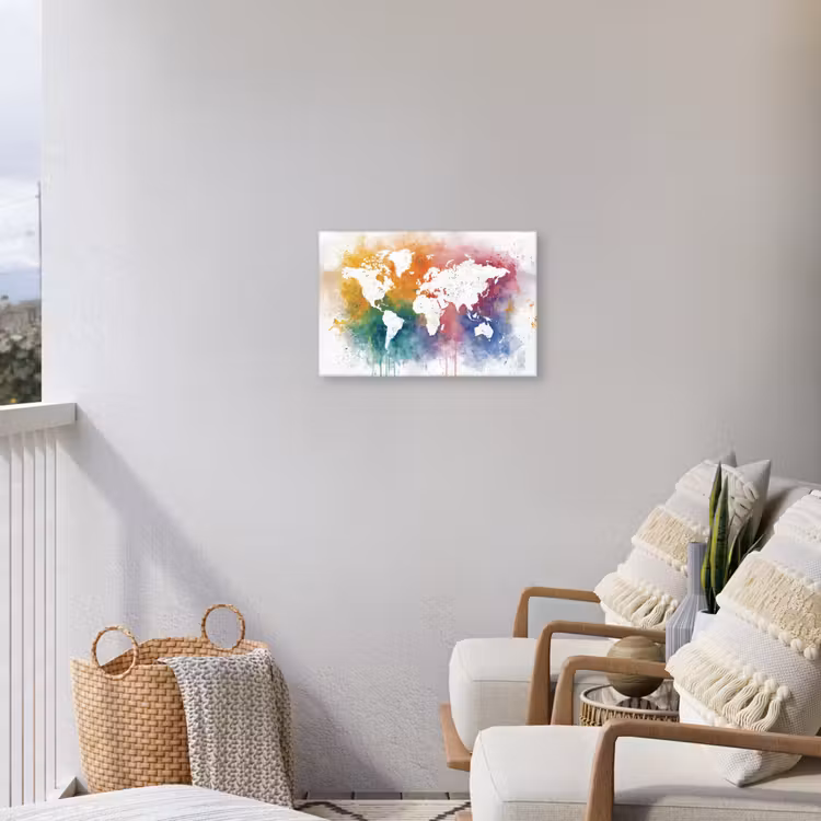 Wereldkaart - Omlijst - Verfspatten - Regenboogkleuren Tuinposter op houten frame 2 cm dik klein -sfeer1