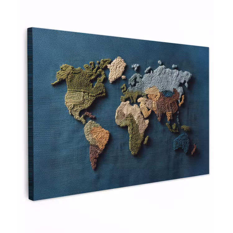 Wereldkaart - Geborduurd - Verschillende tinten Tuinposter op houten frame 2 cm dik klein -3d
