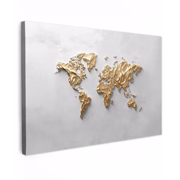 Wereldkaart - Egaal wit - Grof goud Tuinposter op houten frame 2 cm dik klein -3d