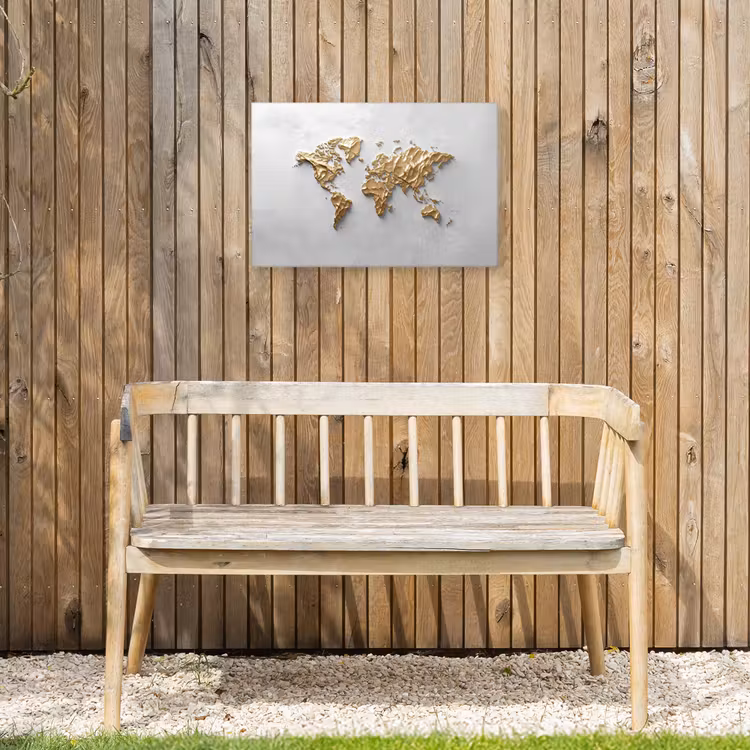 Wereldkaart - Egaal wit - Grof goud Tuinposter op houten frame 2 cm dik klein -sfeer4