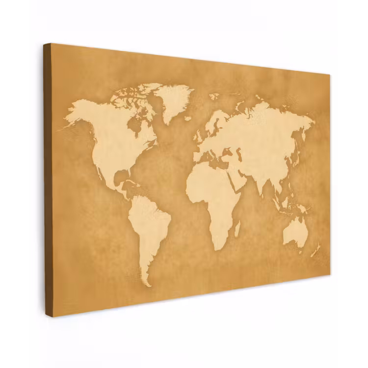 Wereldkaart - Egale structuur - Warme parchmentint Tuinposter op houten frame 2 cm dik klein -3d
