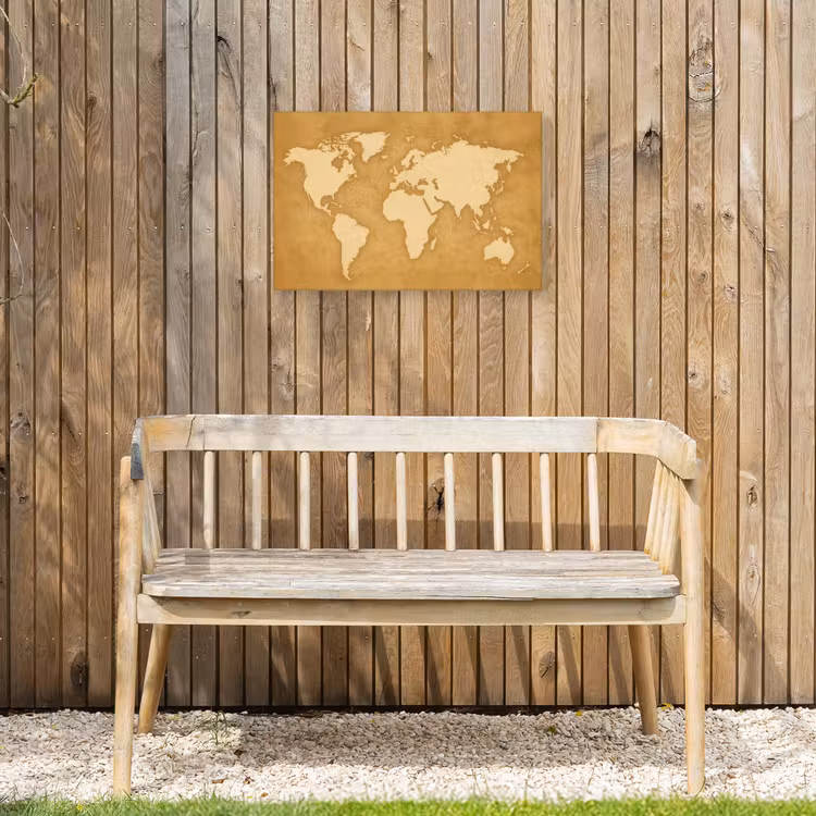Wereldkaart - Egale structuur - Warme parchmentint Tuinposter op houten frame 2 cm dik klein -sfeer4