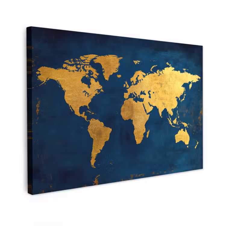 Wereldkaart - Goud - Donkerblauw Tuinposter op houten frame 2 cm dik klein -3d