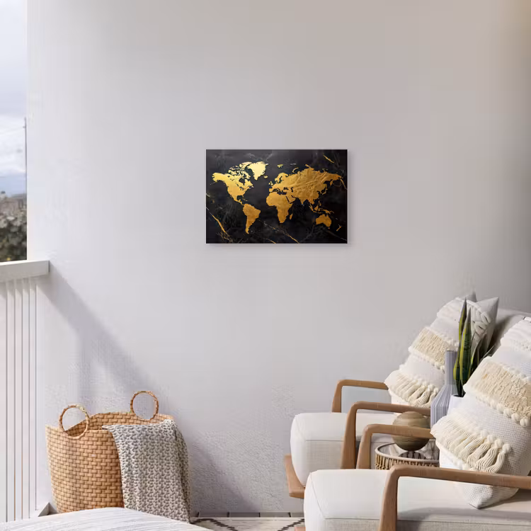 Wereldkaart - Goud - Marmer Tuinposter op houten frame 2 cm dik klein -sfeer1