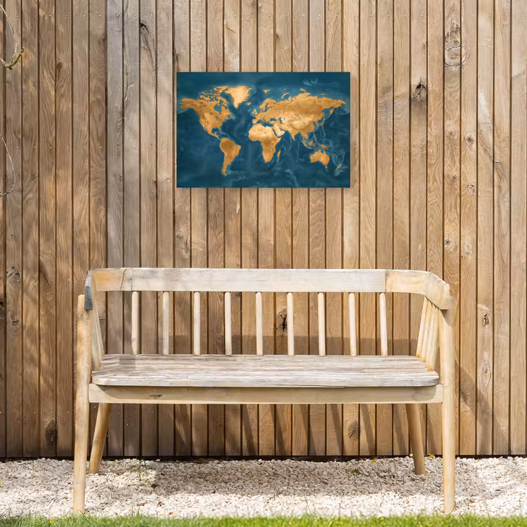 Wereldkaart - Goud - Oceaanblauw Tuinposter op houten frame 2 cm dik klein -sfeer4