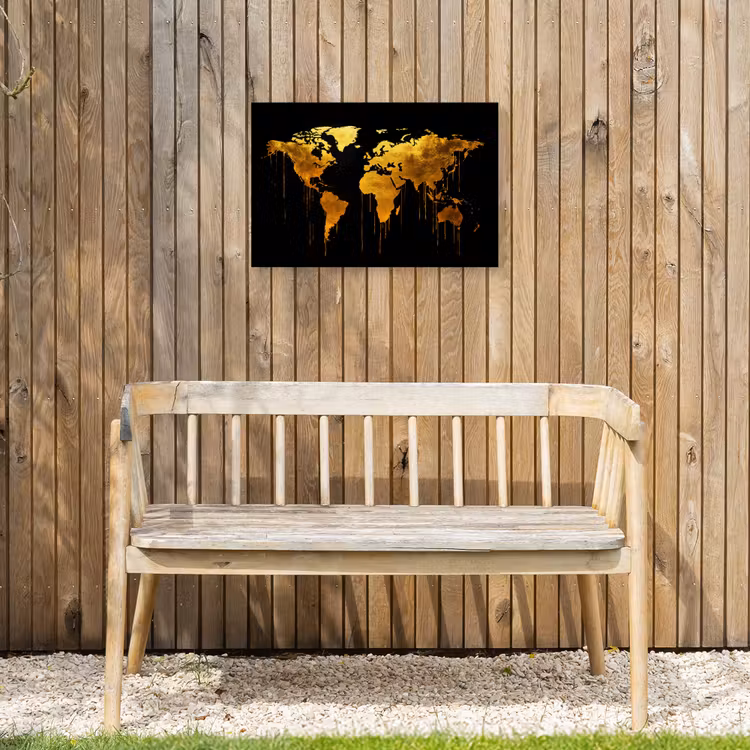 Wereldkaart - Goud - Druipen - Zwart Tuinposter op houten frame 2 cm dik klein -sfeer4
