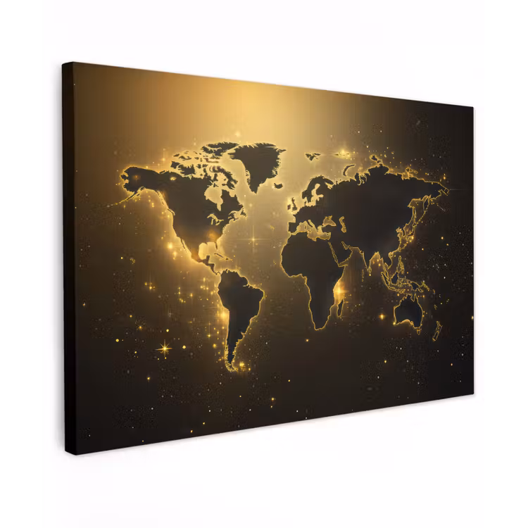 Wereldkaart - Gouden lichten Tuinposter op houten frame 2 cm dik klein -3d