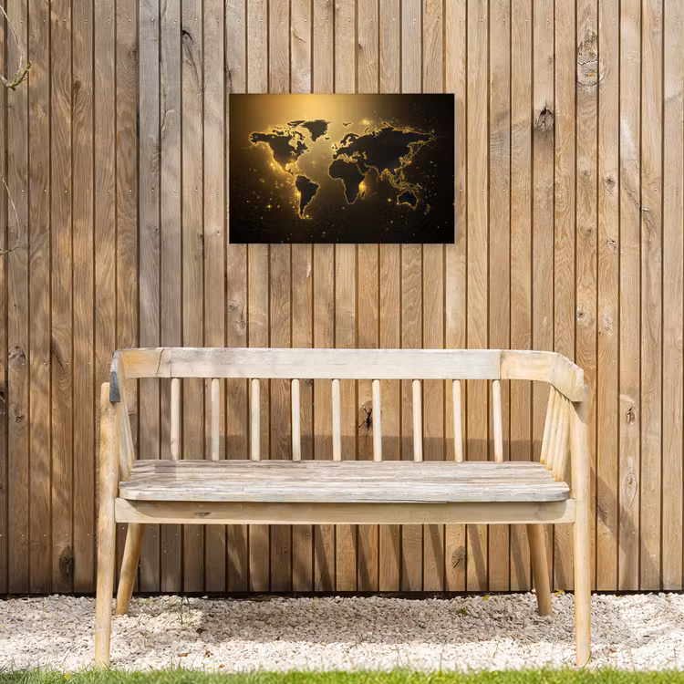 Wereldkaart - Gouden lichten Tuinposter op houten frame 2 cm dik klein -sfeer4