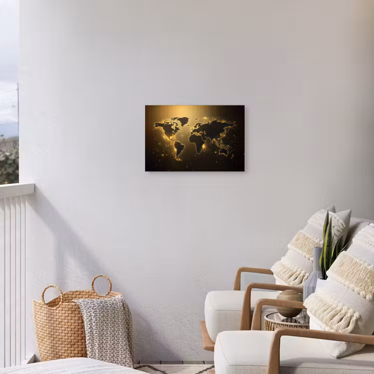 Wereldkaart - Gouden lichten Tuinposter op houten frame 2 cm dik klein -sfeer1