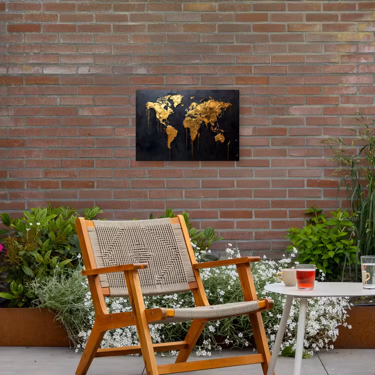 Wereldkaart - Gouden verf - Druppels - Zwart Tuinposter op houten frame 2 cm dik klein -sfeer3