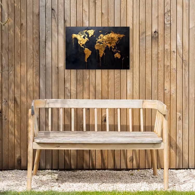 Wereldkaart - Gouden verf - Druppels - Zwart Tuinposter op houten frame 2 cm dik klein -sfeer4