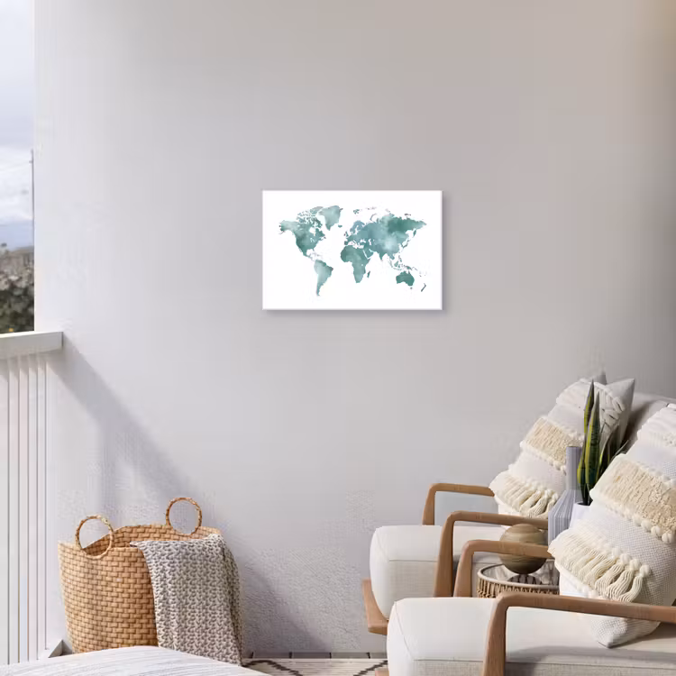 Wereldkaart - Grijsgroen - Kalm Tuinposter op houten frame 2 cm dik klein -sfeer1