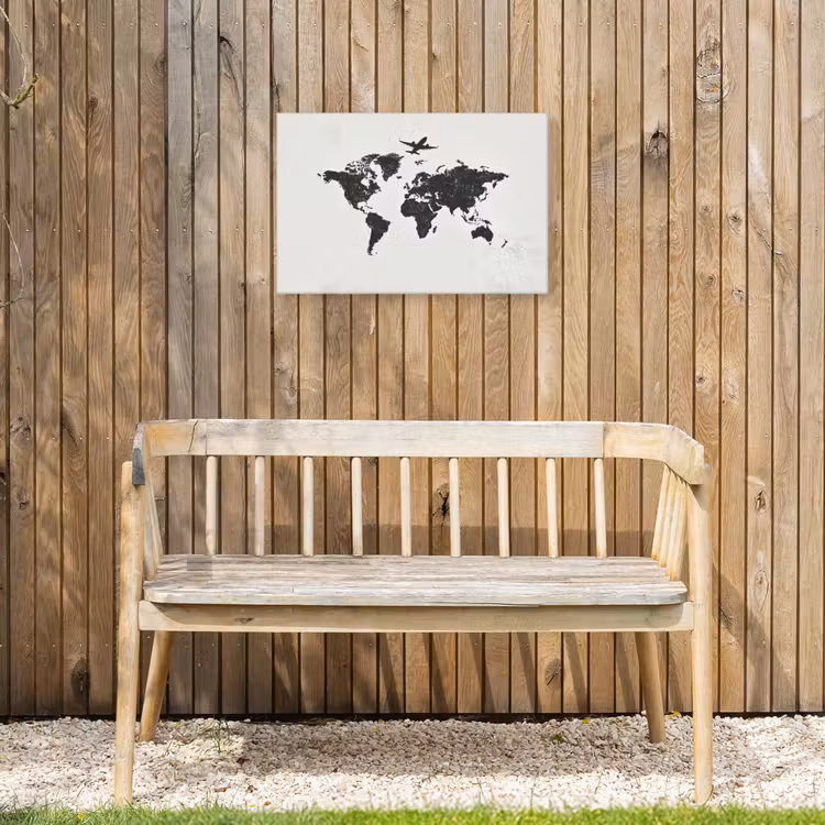 Wereldkaart - Grijs - Zwart - Vliegtuig Tuinposter op houten frame 2 cm dik klein -sfeer4