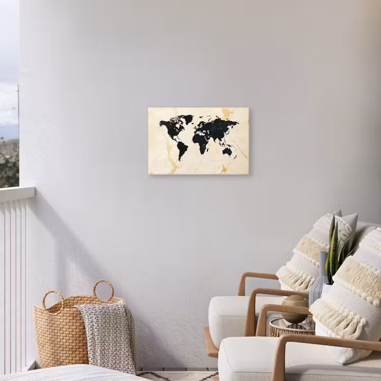 Wereldkaart - Licht marmer - Zwart Tuinposter op houten frame 2 cm dik klein -sfeer1