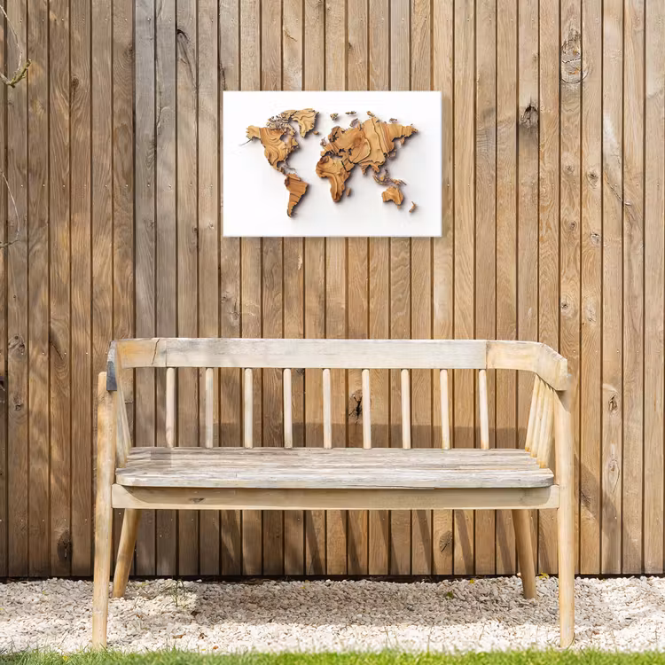 Wereldkaart - Houtstructuur - Artistiek Tuinposter op houten frame 2 cm dik klein -sfeer4
