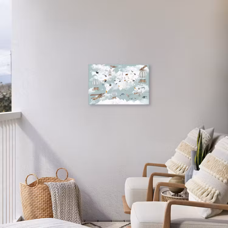 Wereldkaart - Kind - Vliegtuig Tuinposter op houten frame 2 cm dik klein -sfeer1