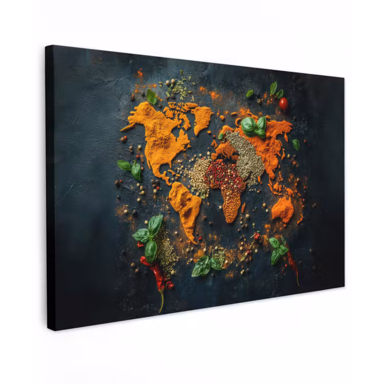 Wereldkaart - Kruiden - Levendige kleuren Tuinposter op houten frame 2 cm dik klein -3d