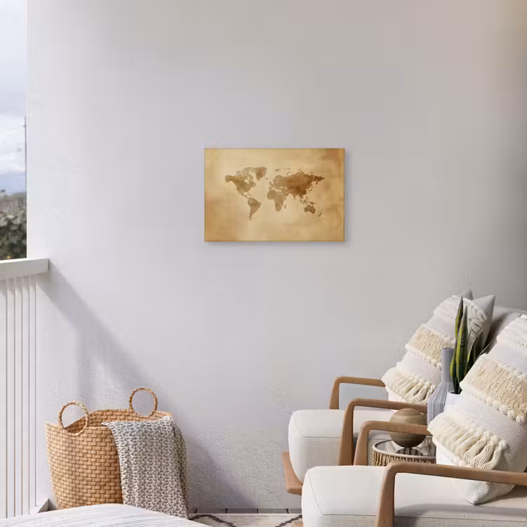 Wereldkaart - Lederen textuur Tuinposter op houten frame 2 cm dik klein -sfeer1