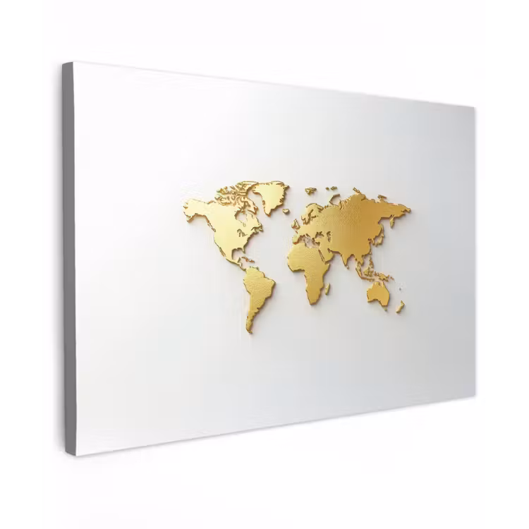 Wereldkaart - Luxe uitstraling - Glanzend goud Tuinposter op houten frame 2 cm dik klein -3d
